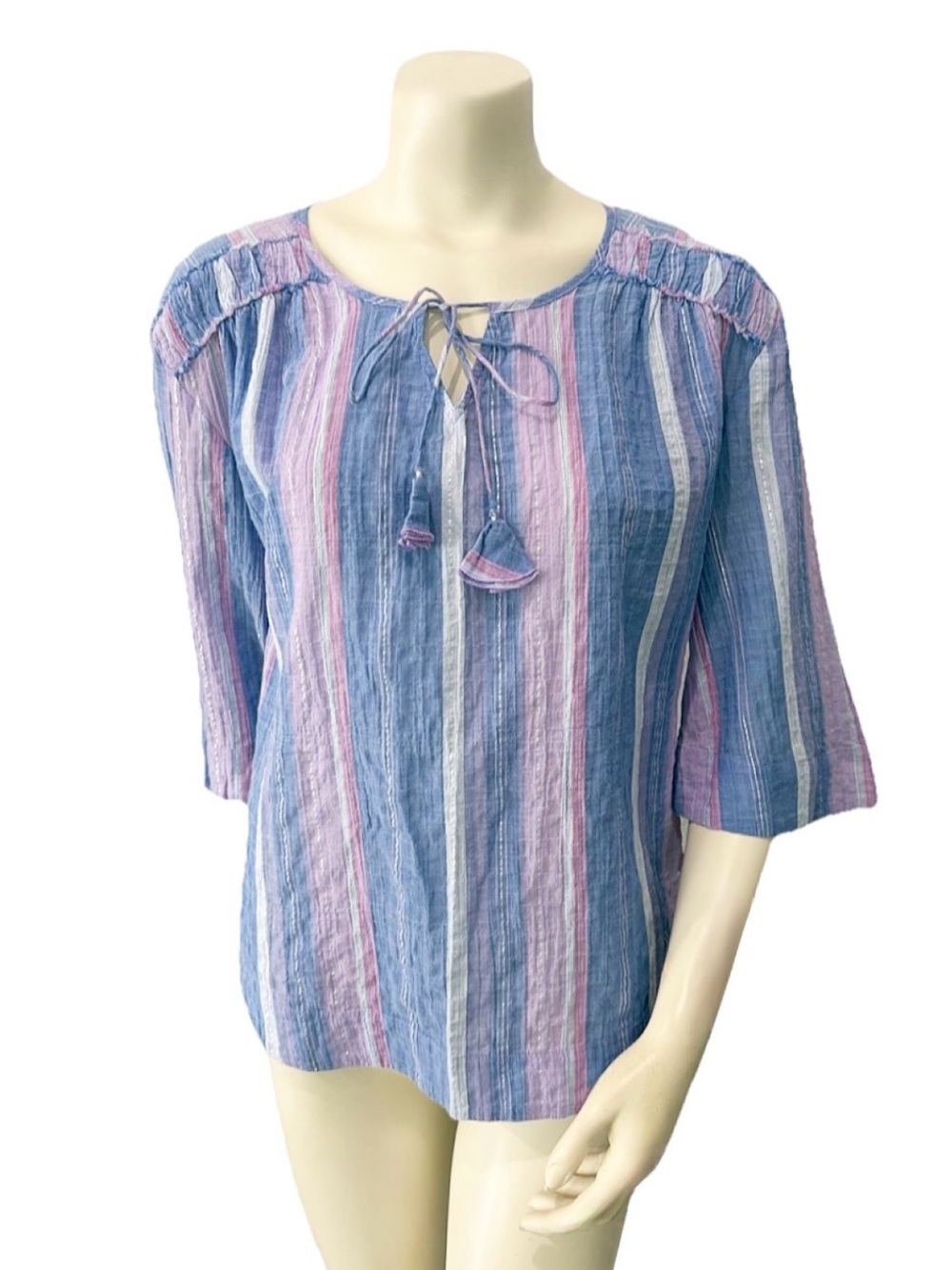 Tommy Bahama Blue Pink Stripe Linen Blend Boho Loose Tassel Top XXS